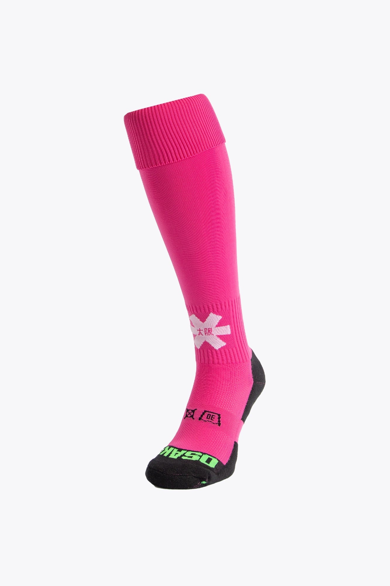 Osaka Field Hockey Socks in pink with Osaka logo in green. Front view