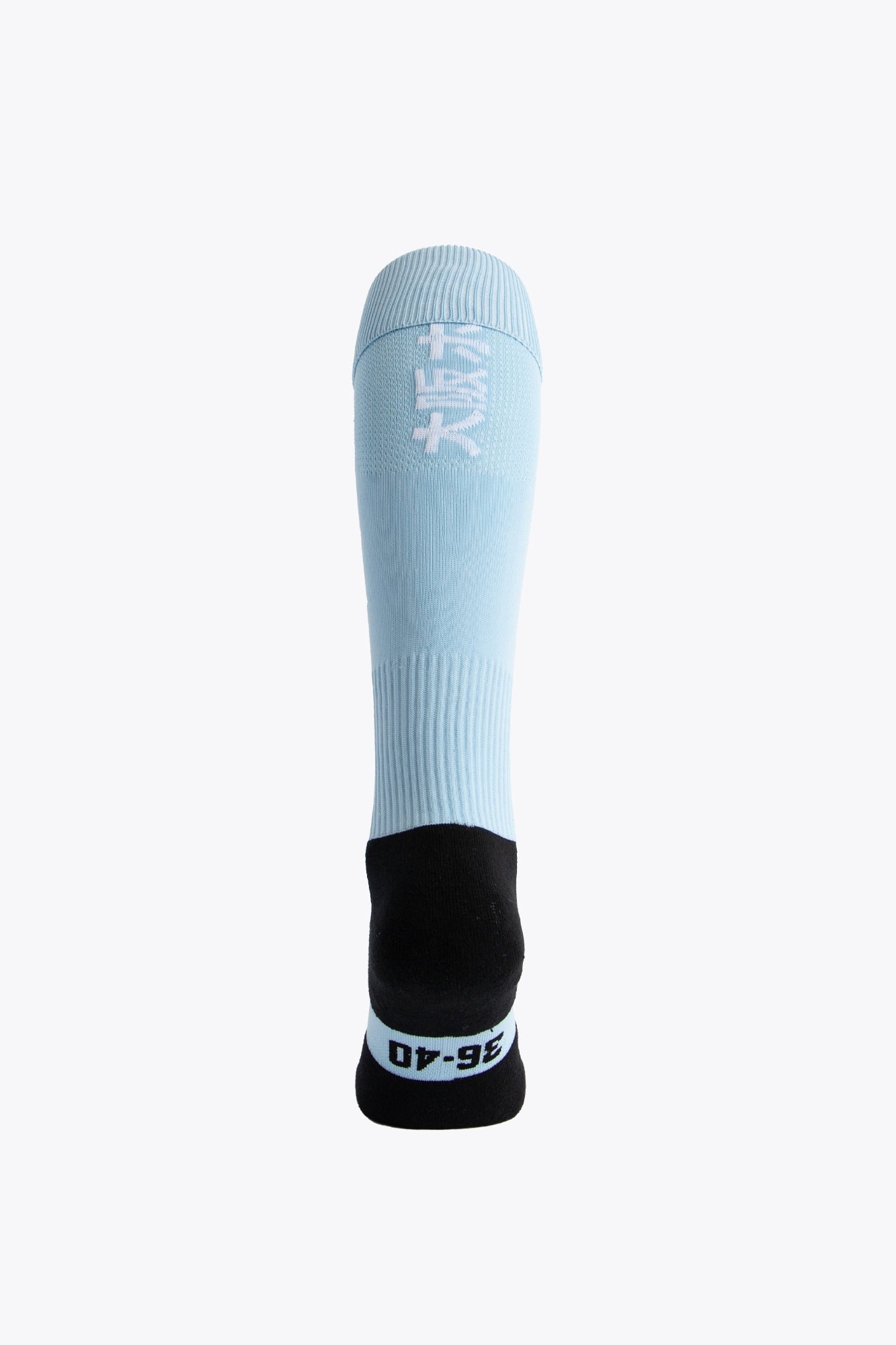 Osaka Field Hockey Socks in light blue with Osaka logo in green. Back view