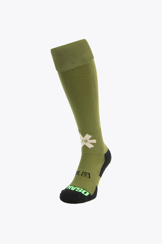 Osaka Field Hockey Socks in olive with Osaka logo in green. Front view