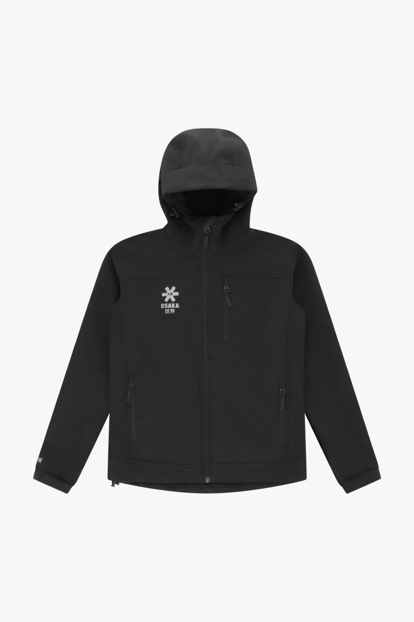 Osaka Kids Softshell Jacket in Black. Front flatlay view